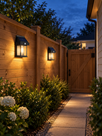 Two solar wall lanterns along a garden side gate