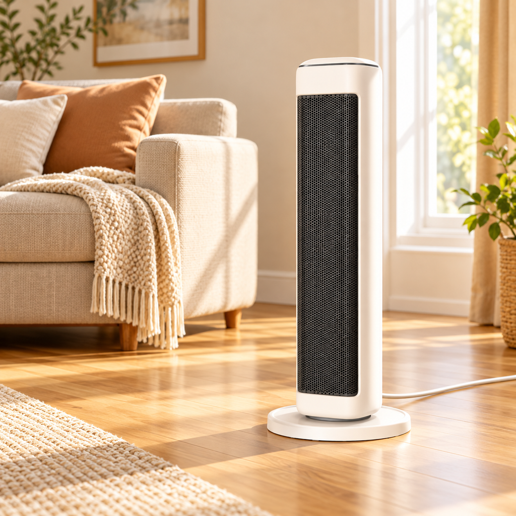 White 25-inch ceramic tower space heater in a sunlit living room