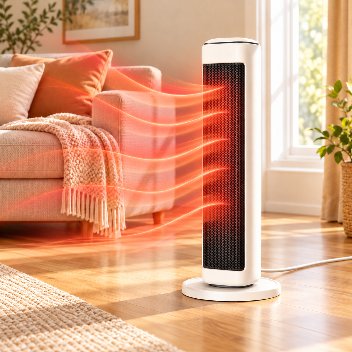 White 25-inch ceramic tower heater with red heat-wave graphics