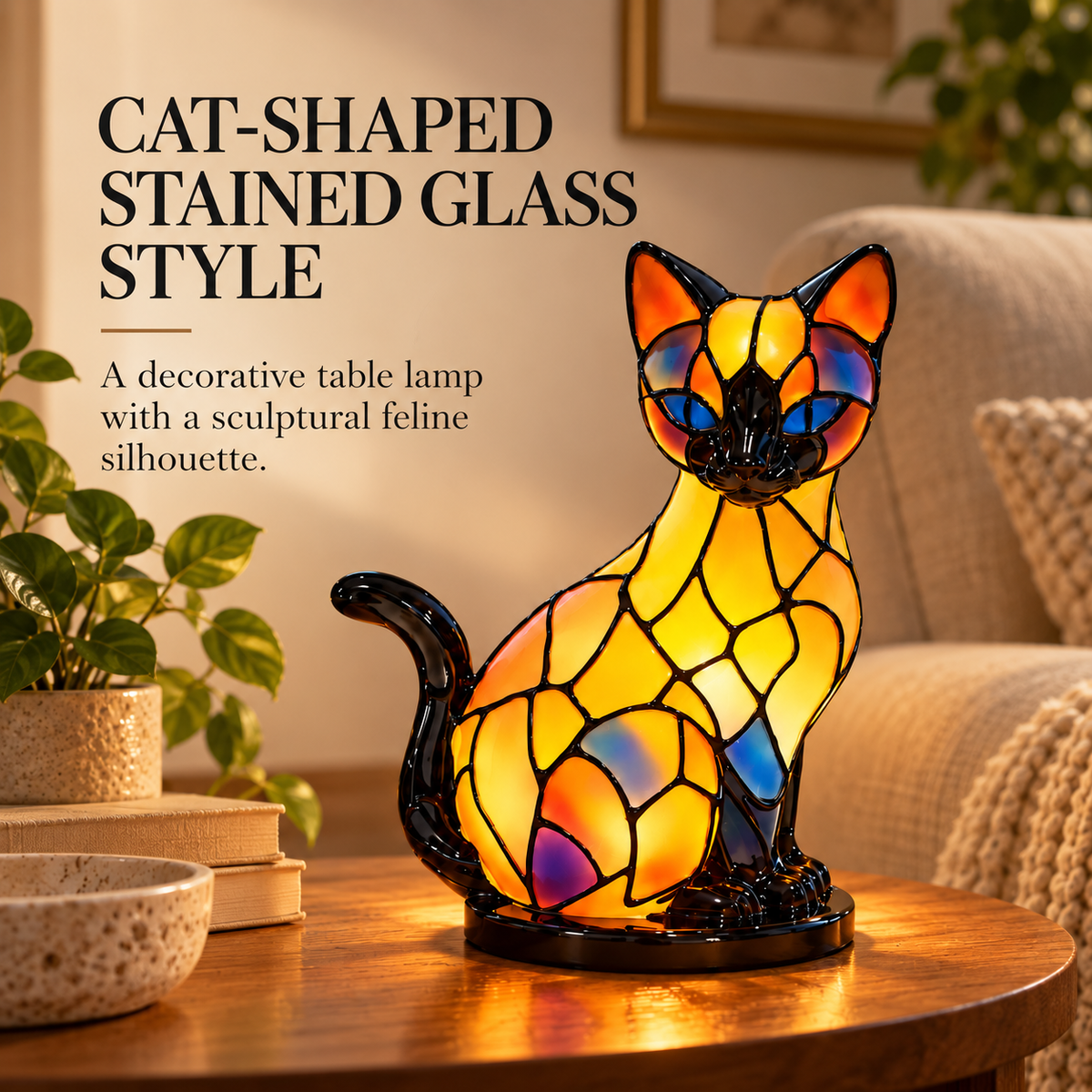 Vintage Stained Glass Cat Table Lamp specification image 1