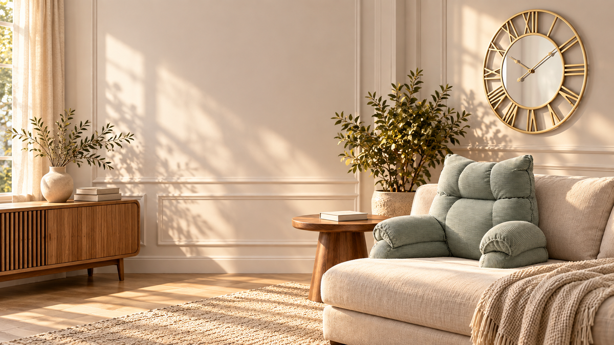 Warm cohesive living room with a gold mirrored wall clock, sage reading pillow, oak console and cream sofa