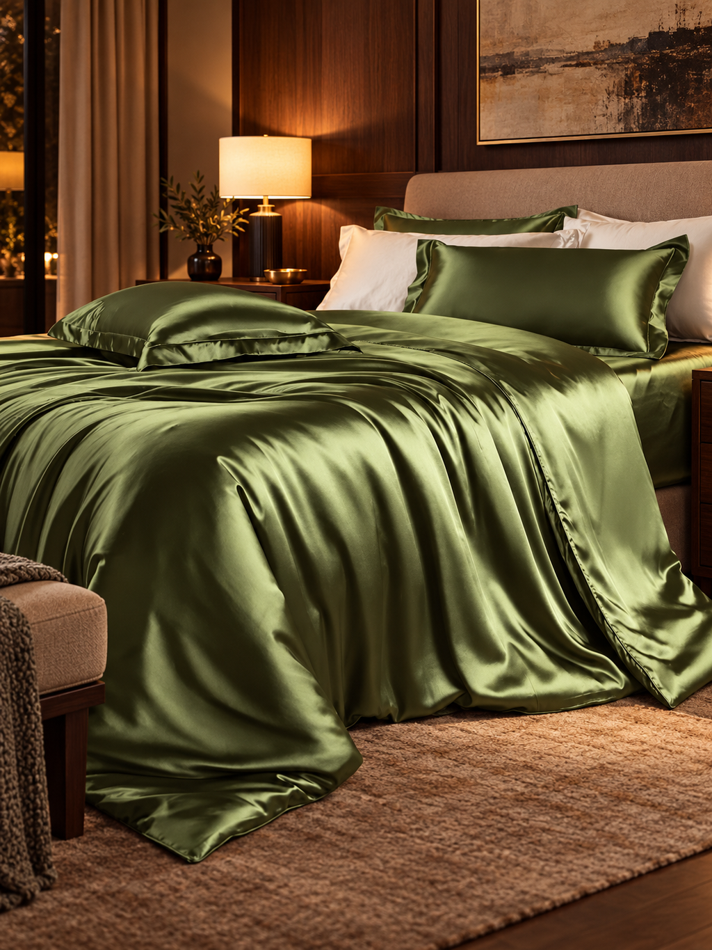 Army olive green silky bedding set in a warm boutique hotel bedroom