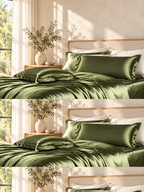 Army olive green silky bedding set in a bright minimalist bedroom