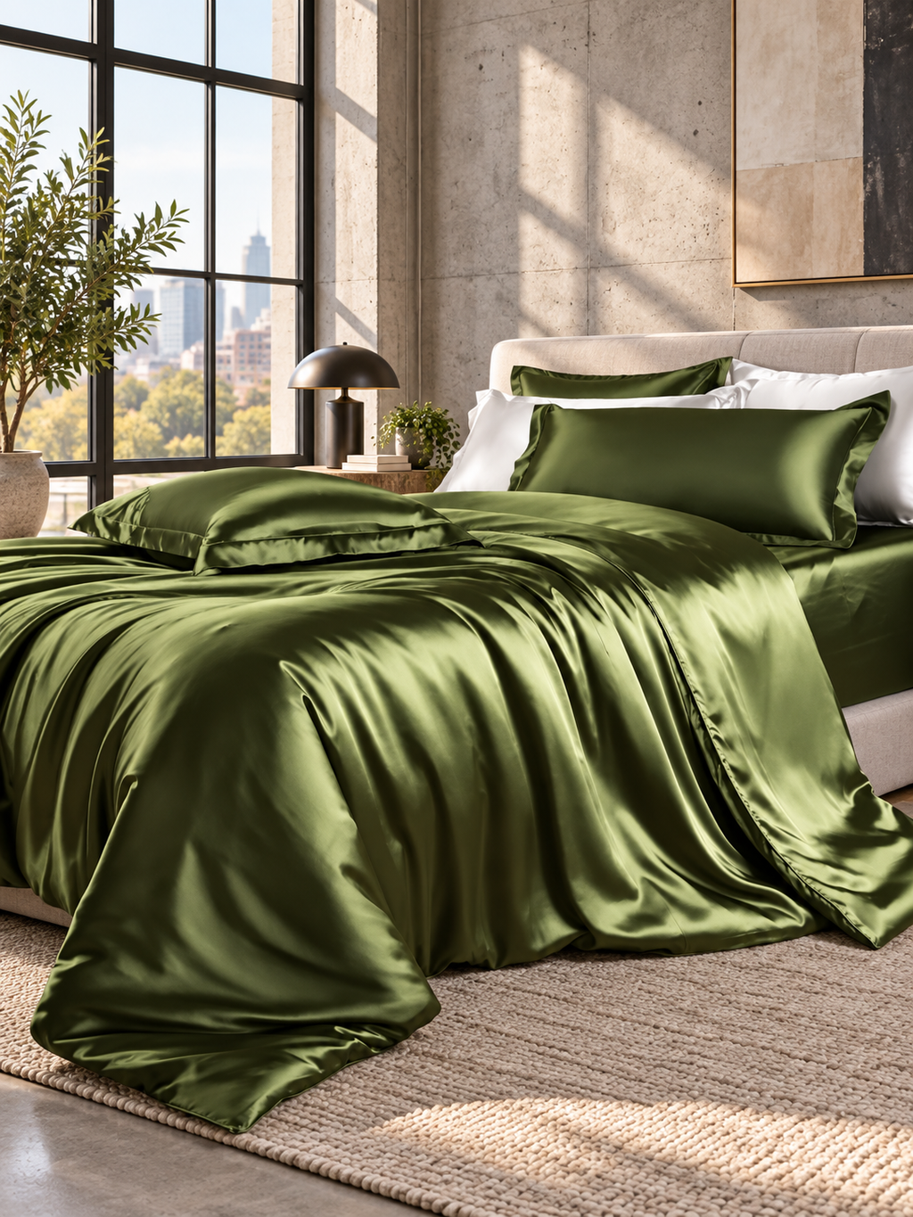Army olive green silky bedding set in an airy modern loft bedroom