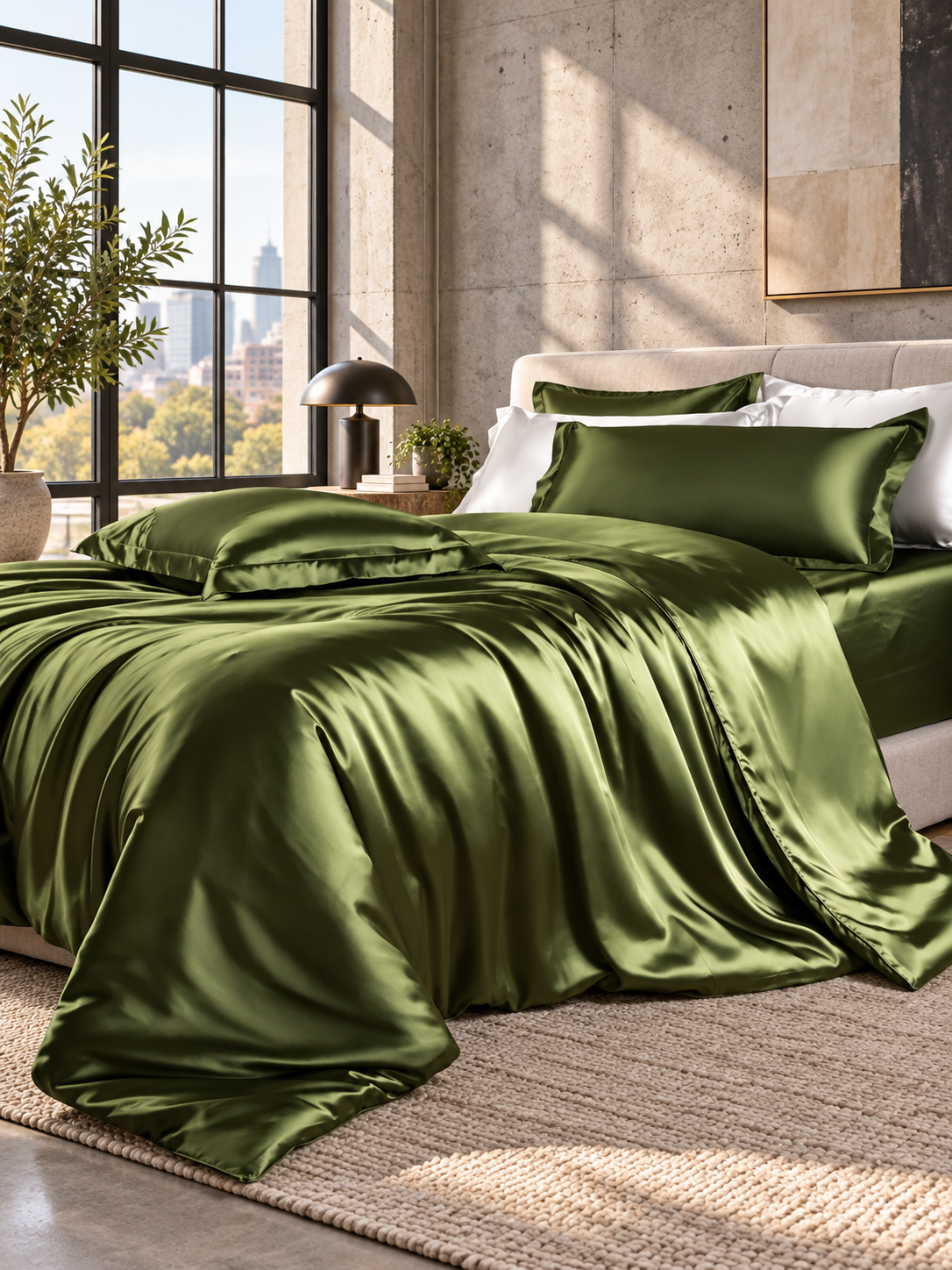 Army olive green silky bedding set in an airy modern loft bedroom