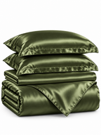 Army olive green silky duvet cover sheet and pillowcases on a white background