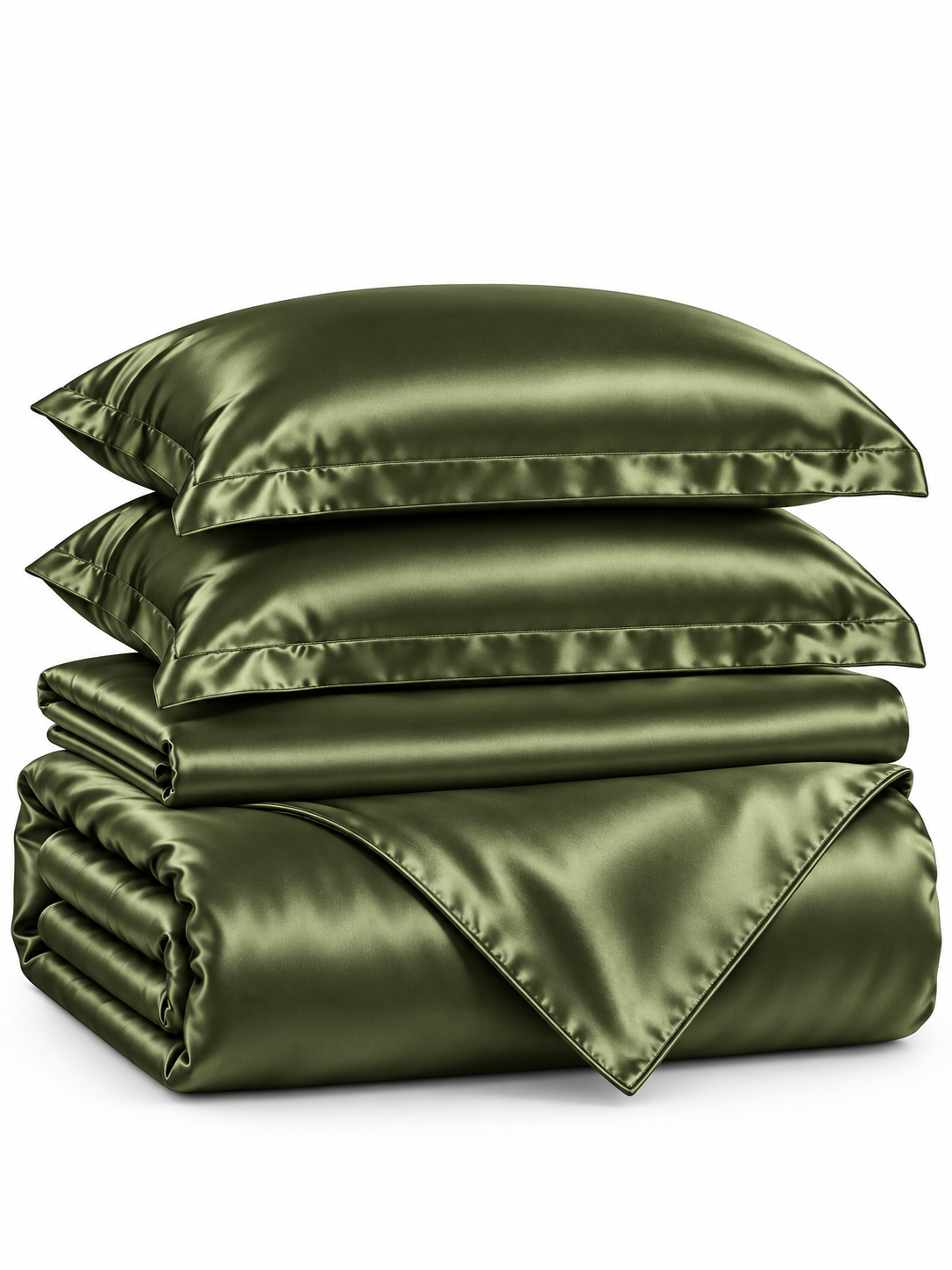 Army olive green silky duvet cover sheet and pillowcases on a white background