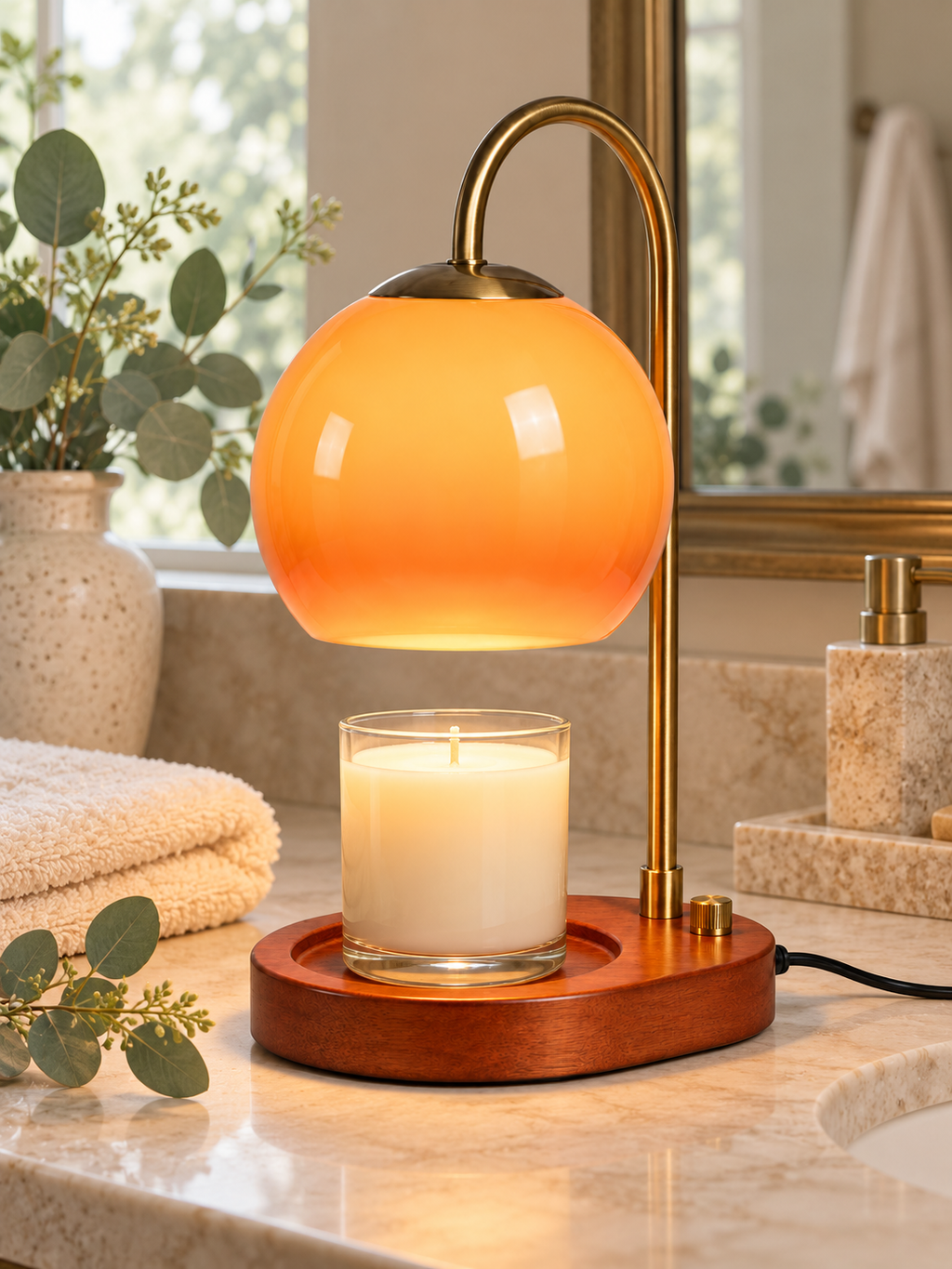 Orange glass candle warmer lamp on a spa bathroom vanity