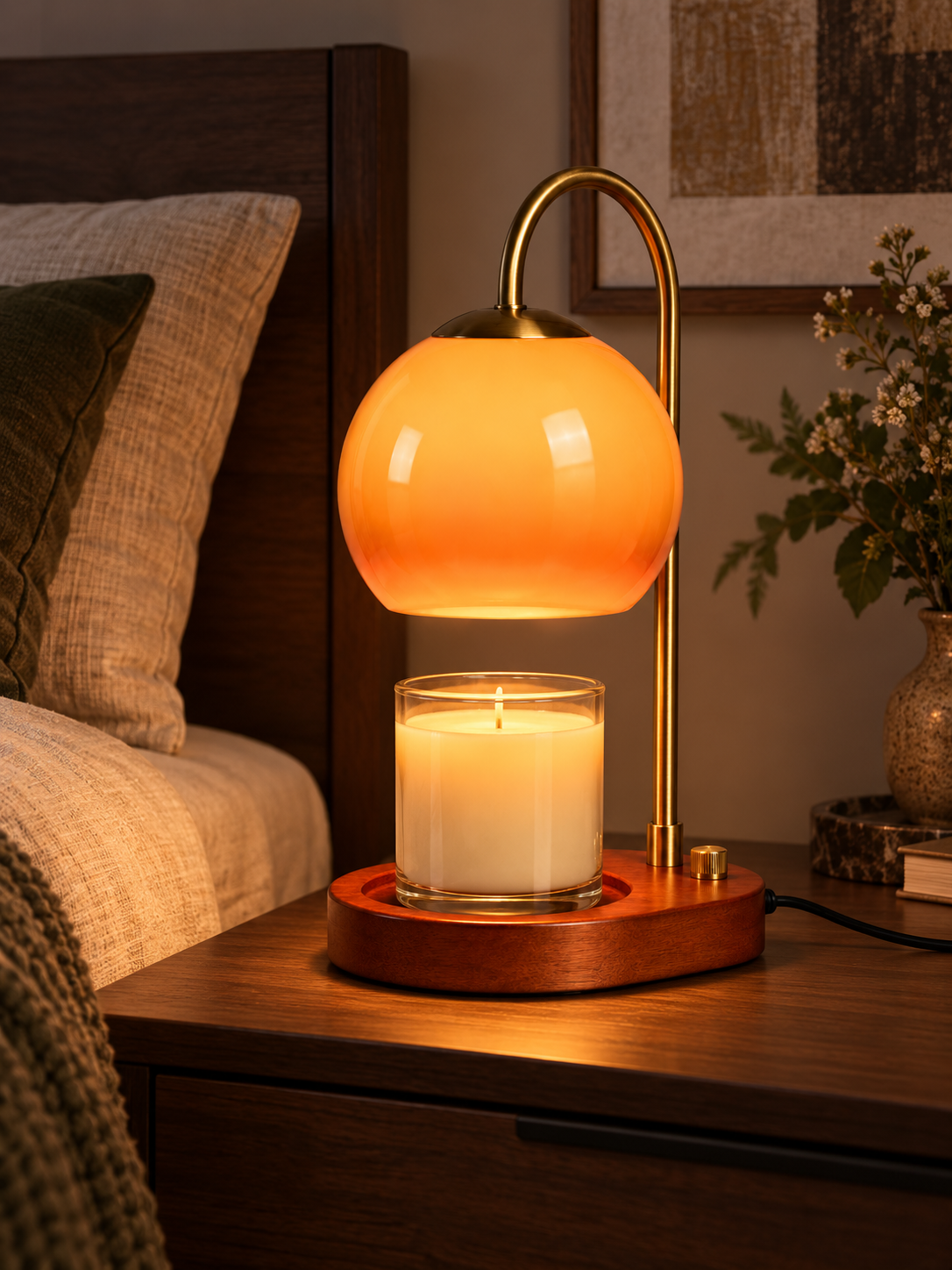Orange glass candle warmer lamp on a modern bedroom nightstand