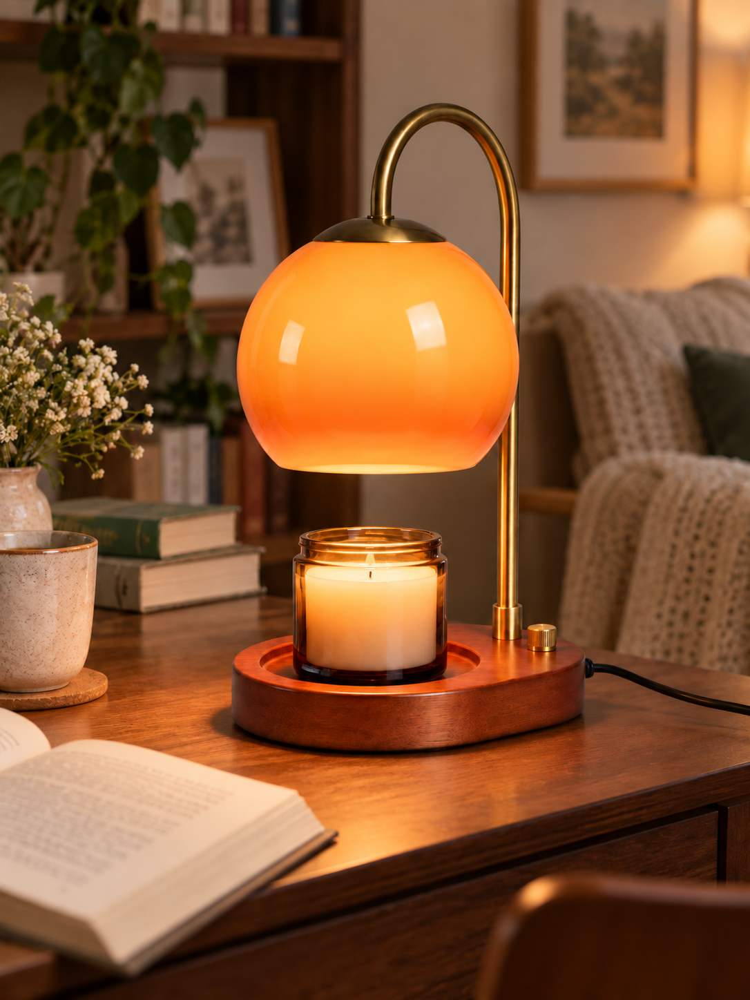 Orange glass candle warmer lamp on a cozy reading desk