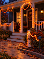 Orange solar chain string lights decorating a front porch