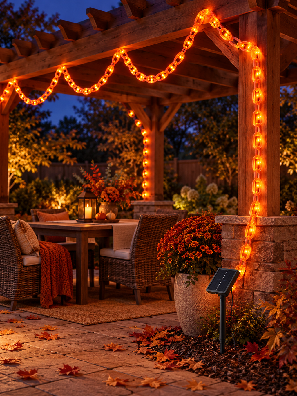 Orange solar chain string lights decorating a backyard pergola