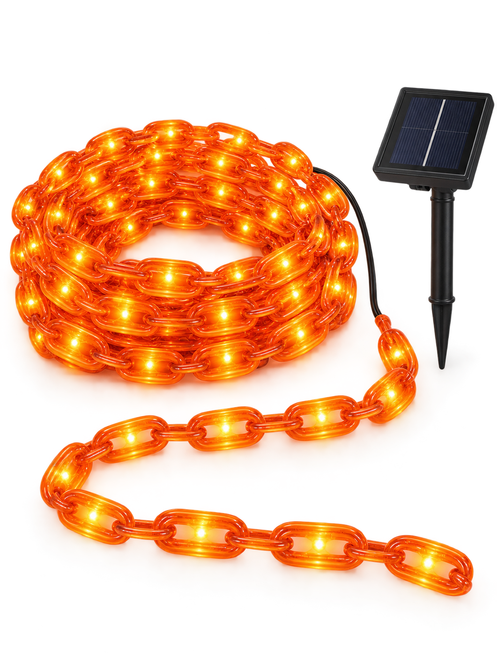 Orange solar chain string lights with panel on a white background
