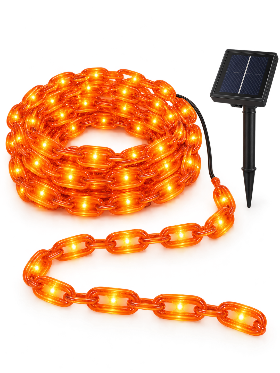 Orange solar chain string lights with panel on a white background