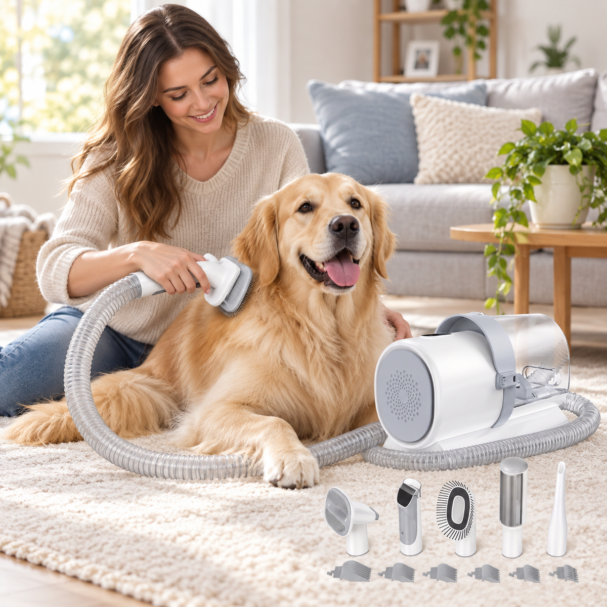 Pet grooming vacuum kit used with a golden retriever