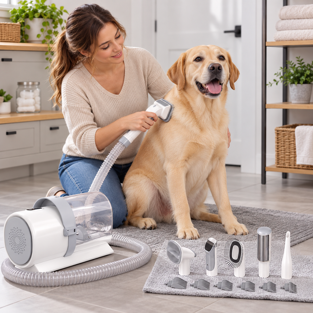 Pet grooming vacuum kit used in a modern utility room