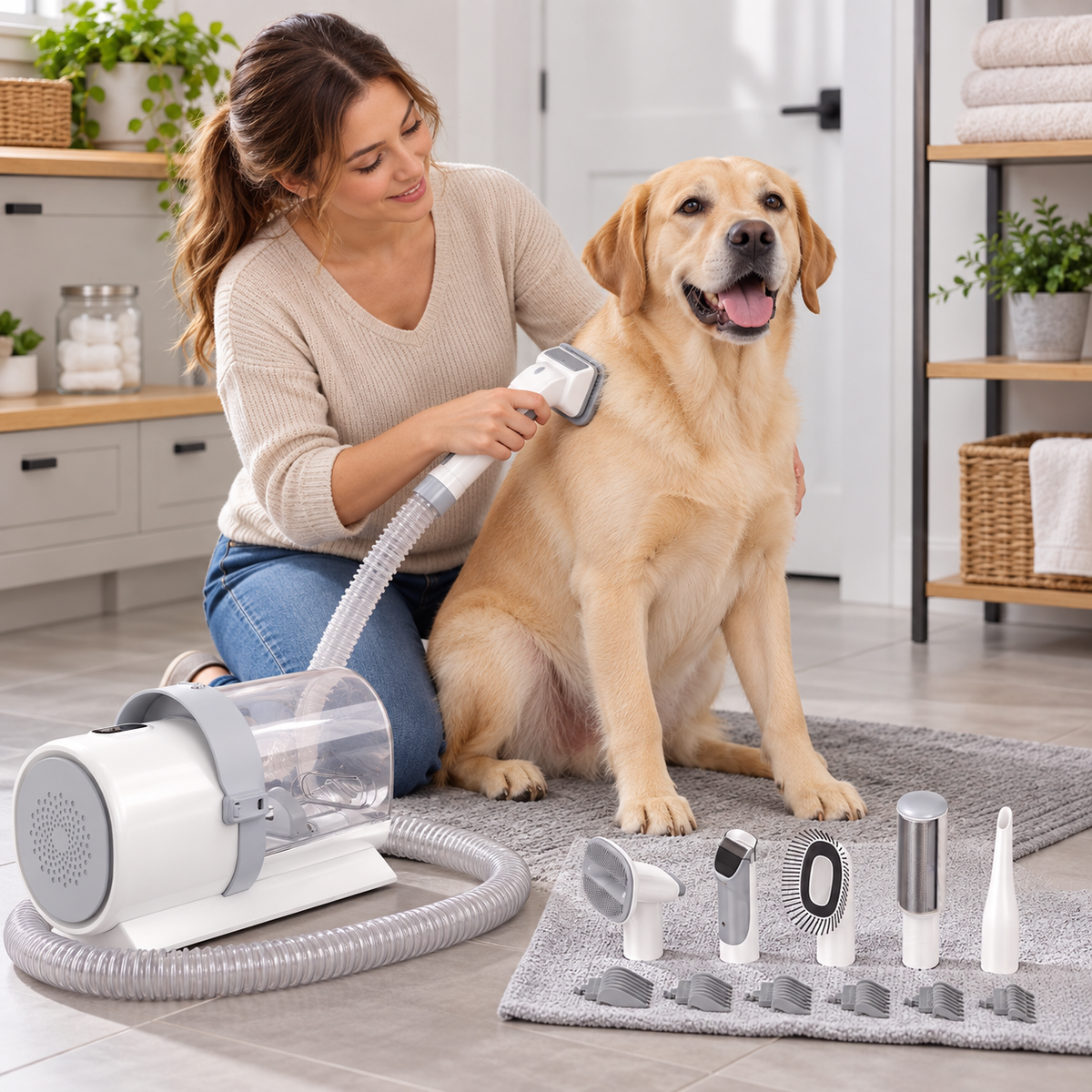 Pet grooming vacuum kit used in a modern utility room