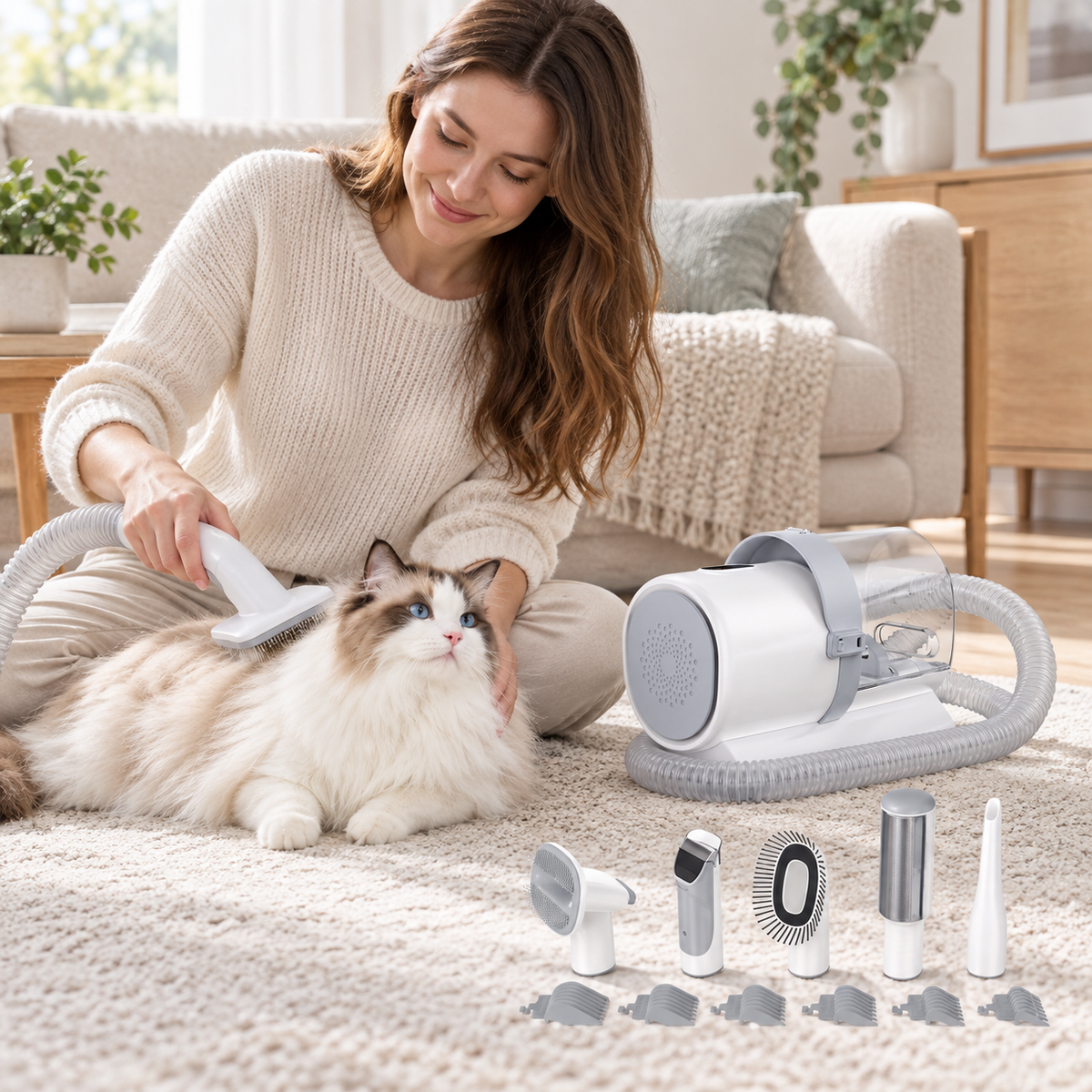 Pet grooming vacuum kit used gently with a cat