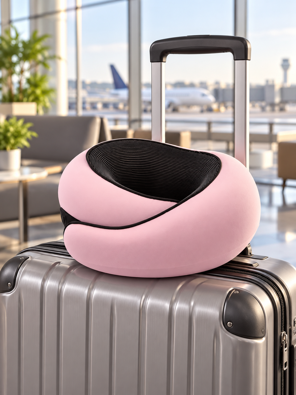 Pink contoured travel neck pillow on carry-on luggage in an airport