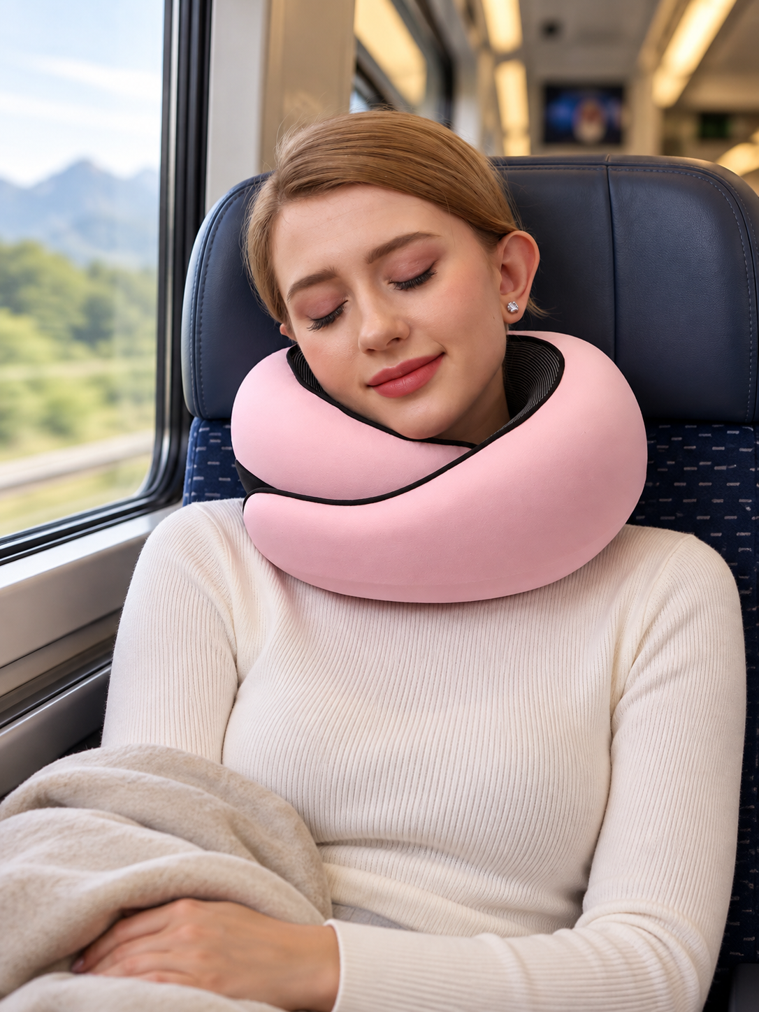 Pink contoured travel neck pillow used on a train