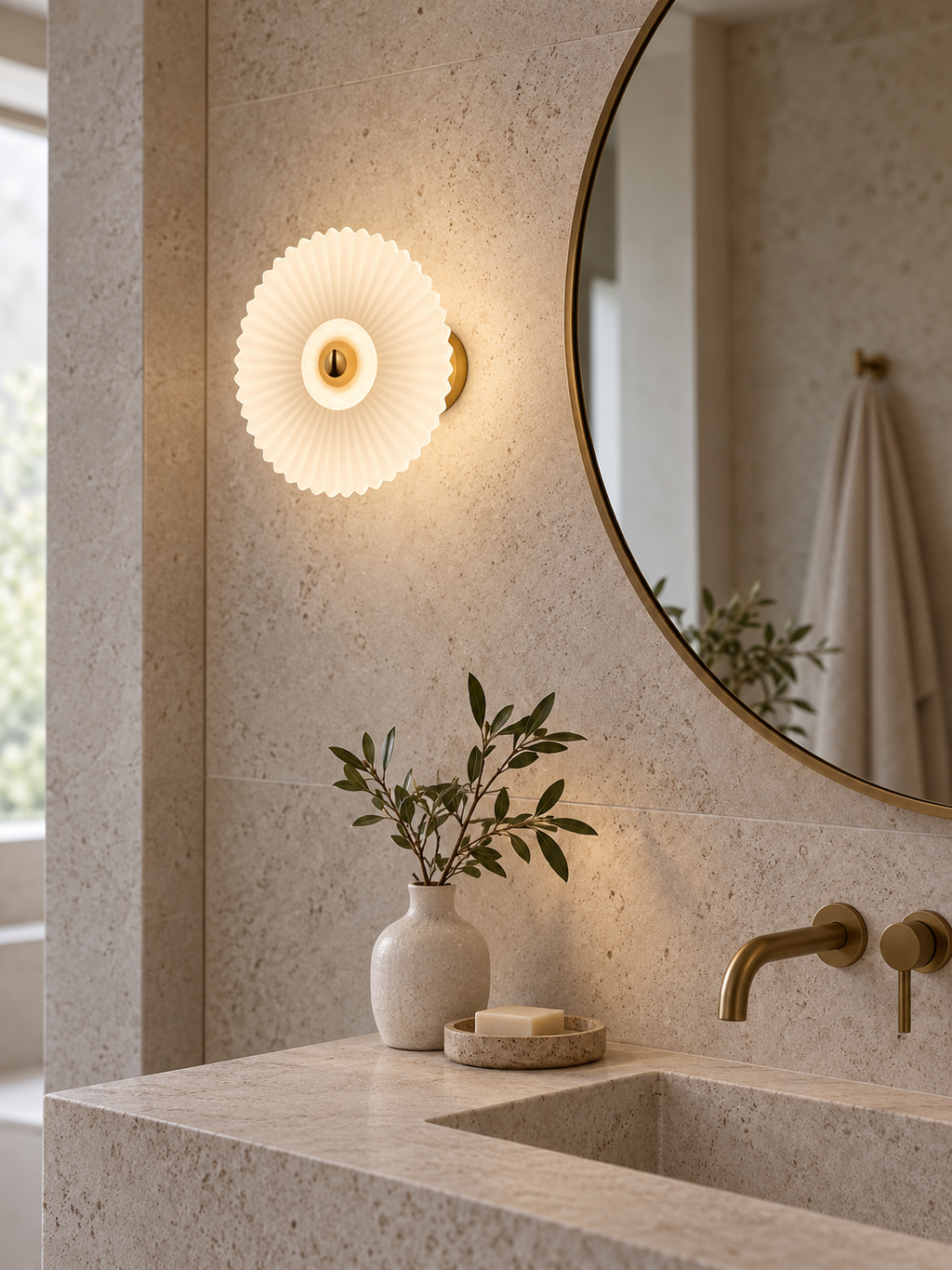 Pleated glass wall sconce beside a bathroom mirror