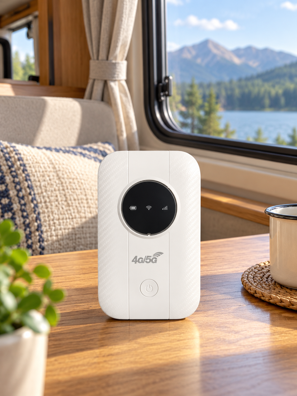 Portable 5G WiFi router on a camper dinette table near a scenic window