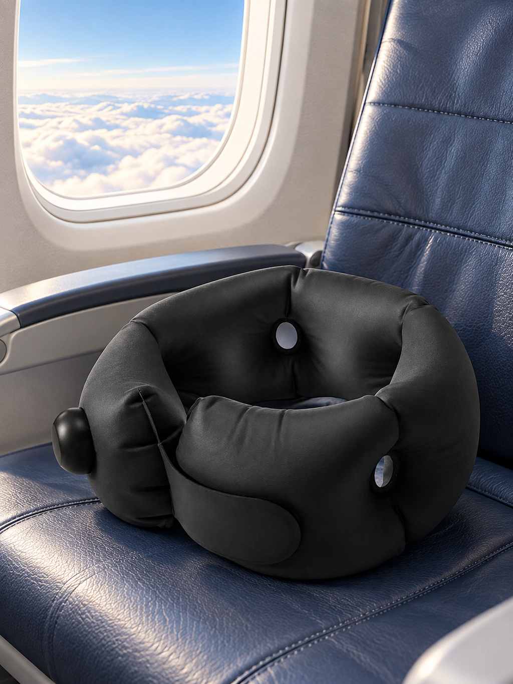 Black portable cervical travel pillow on an airplane seat