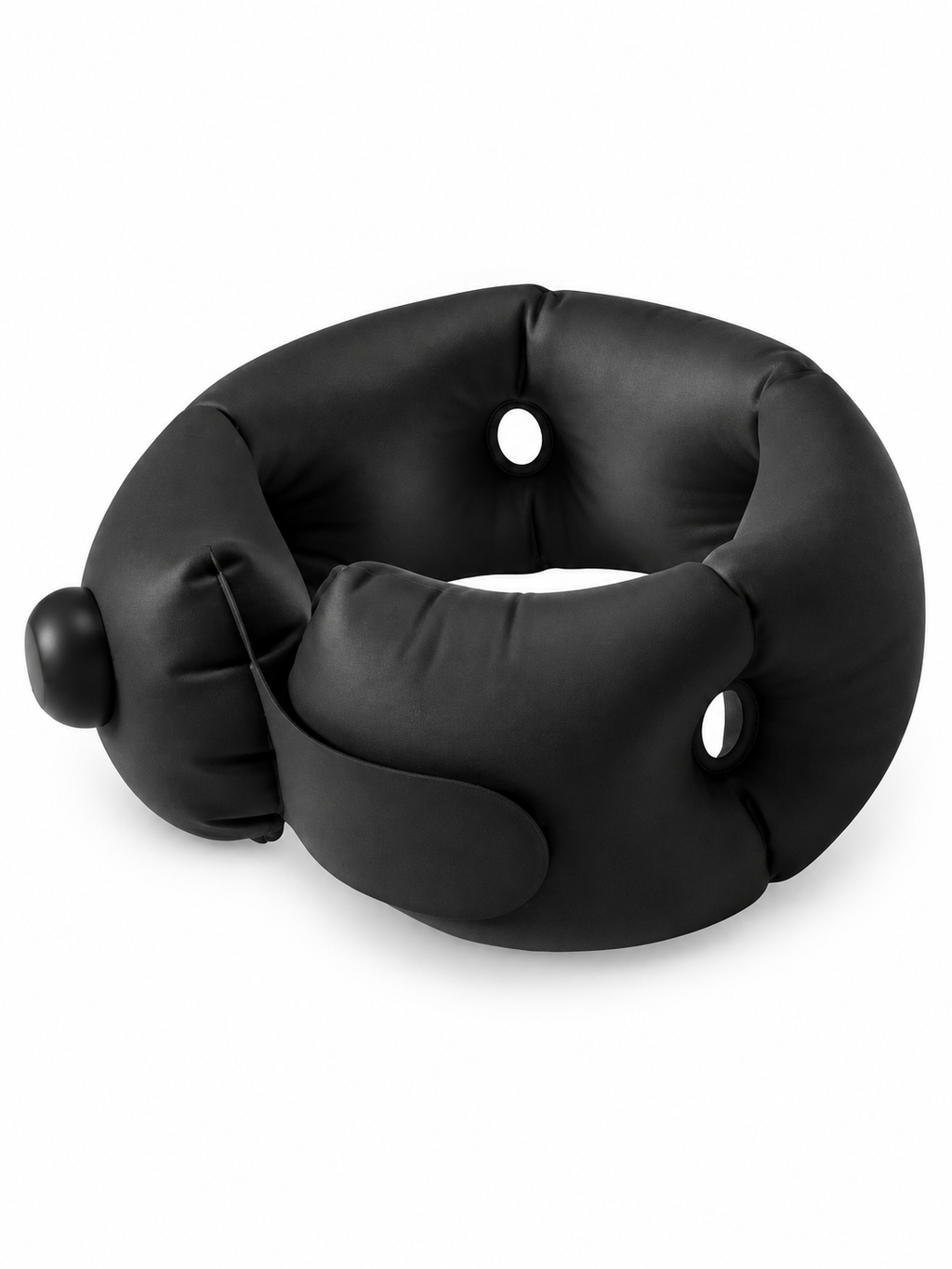 Black portable cervical U-shaped travel pillow on white