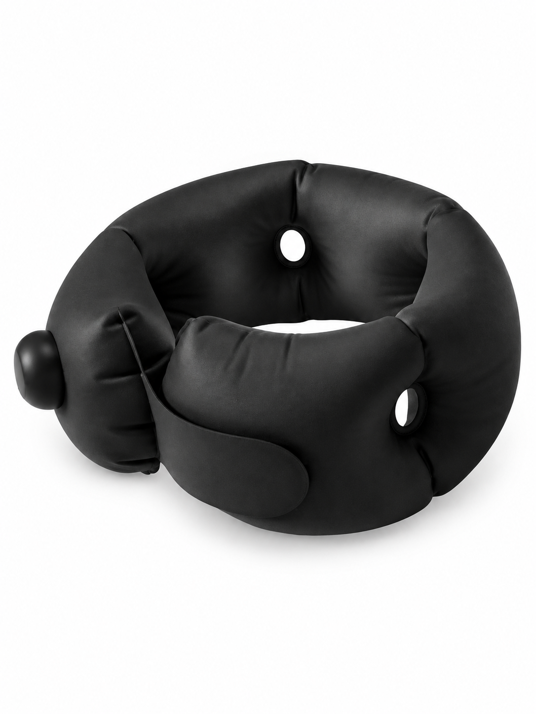 Black portable cervical U-shaped travel pillow on white