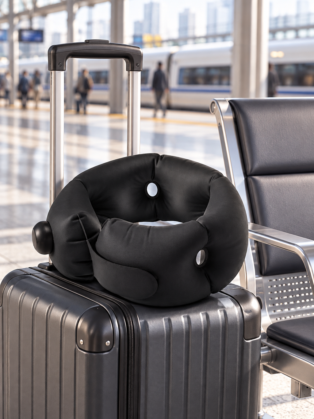 Black portable cervical travel pillow on luggage at a train station