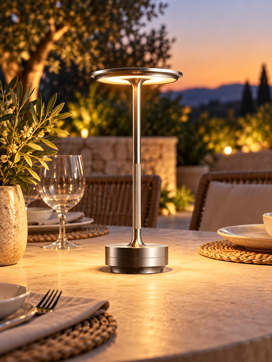 Silver portable cordless table lamp illuminating an outdoor patio dining table