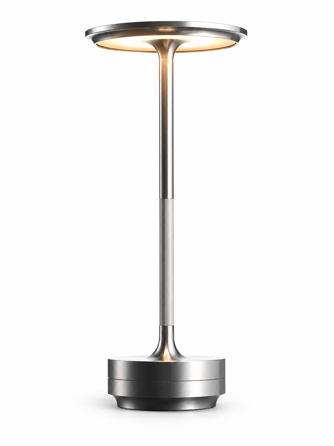 Silver portable cordless table lamp on a seamless white background