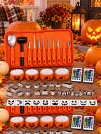 Complete pumpkin carving kit displayed on an autumn porch table