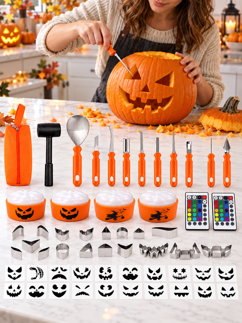 Pumpkin carving kit in use on a bright kitchen worktop