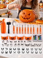 Pumpkin carving kit in use on a bright kitchen worktop