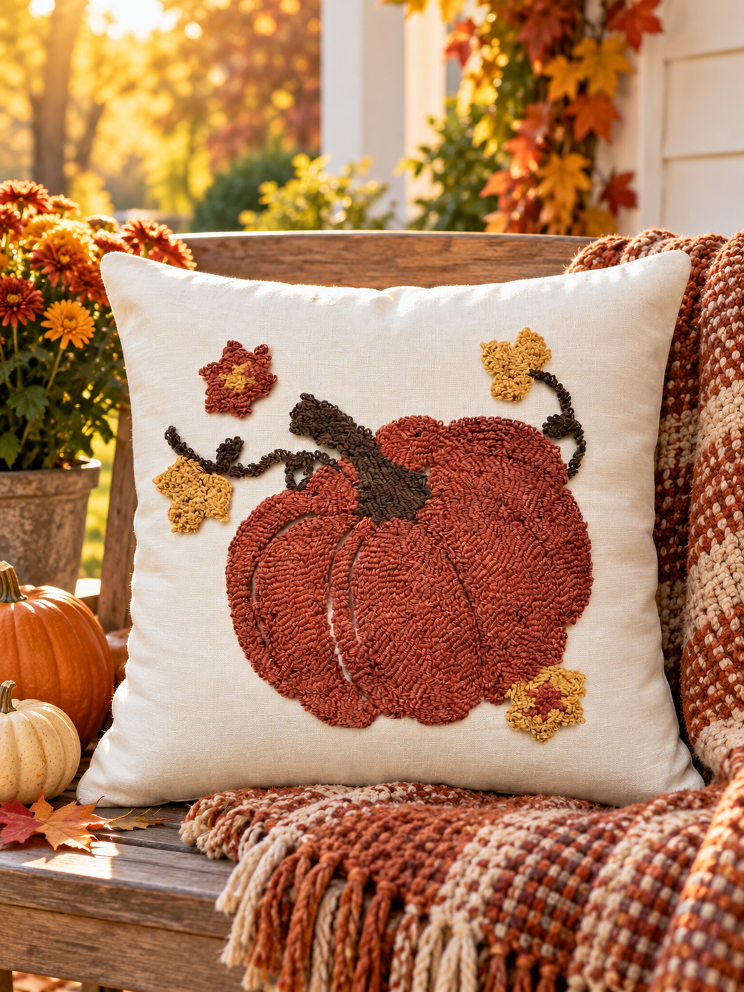 Artisan pumpkin embroidered cushion on an autumn porch bench