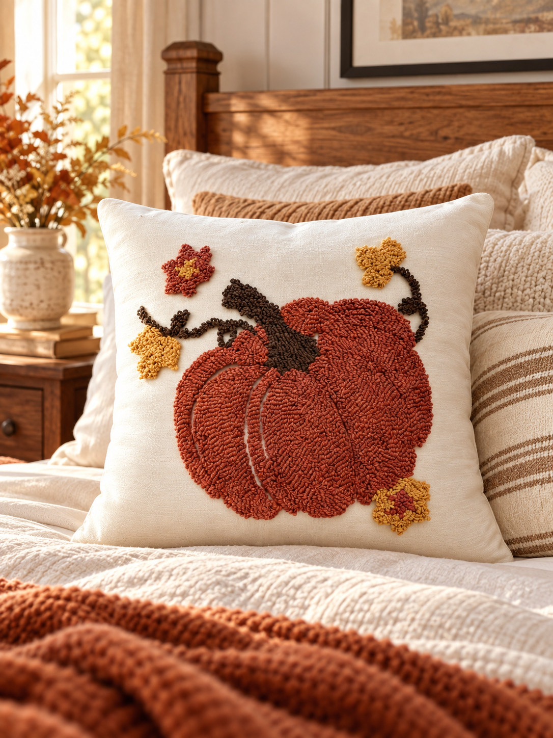 Artisan pumpkin embroidered cushion styled in a farmhouse bedroom
