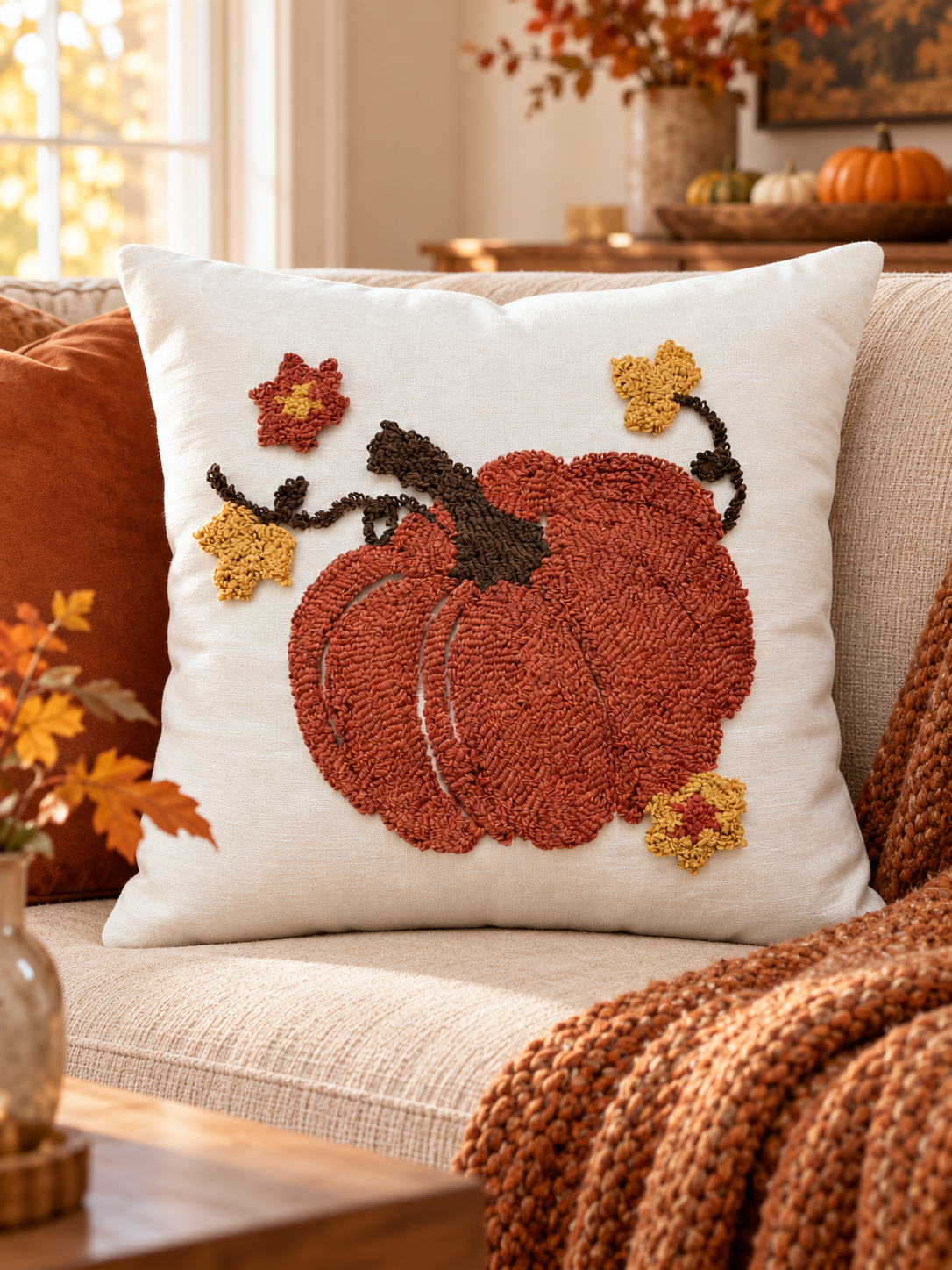 Artisan pumpkin embroidered cushion on a warm neutral living room sofa