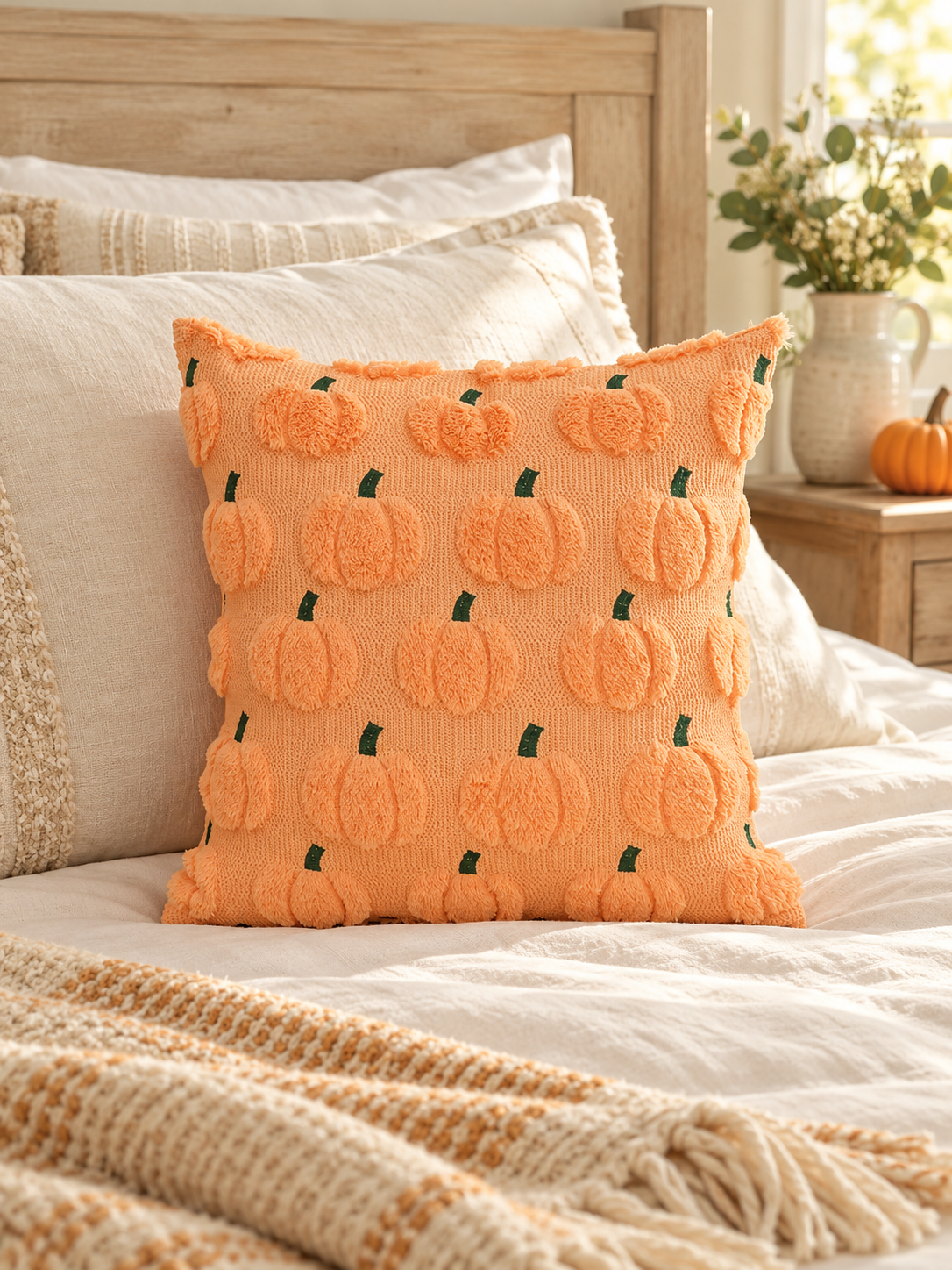 Peach pumpkin motif throw pillow styled on a cream farmhouse bed