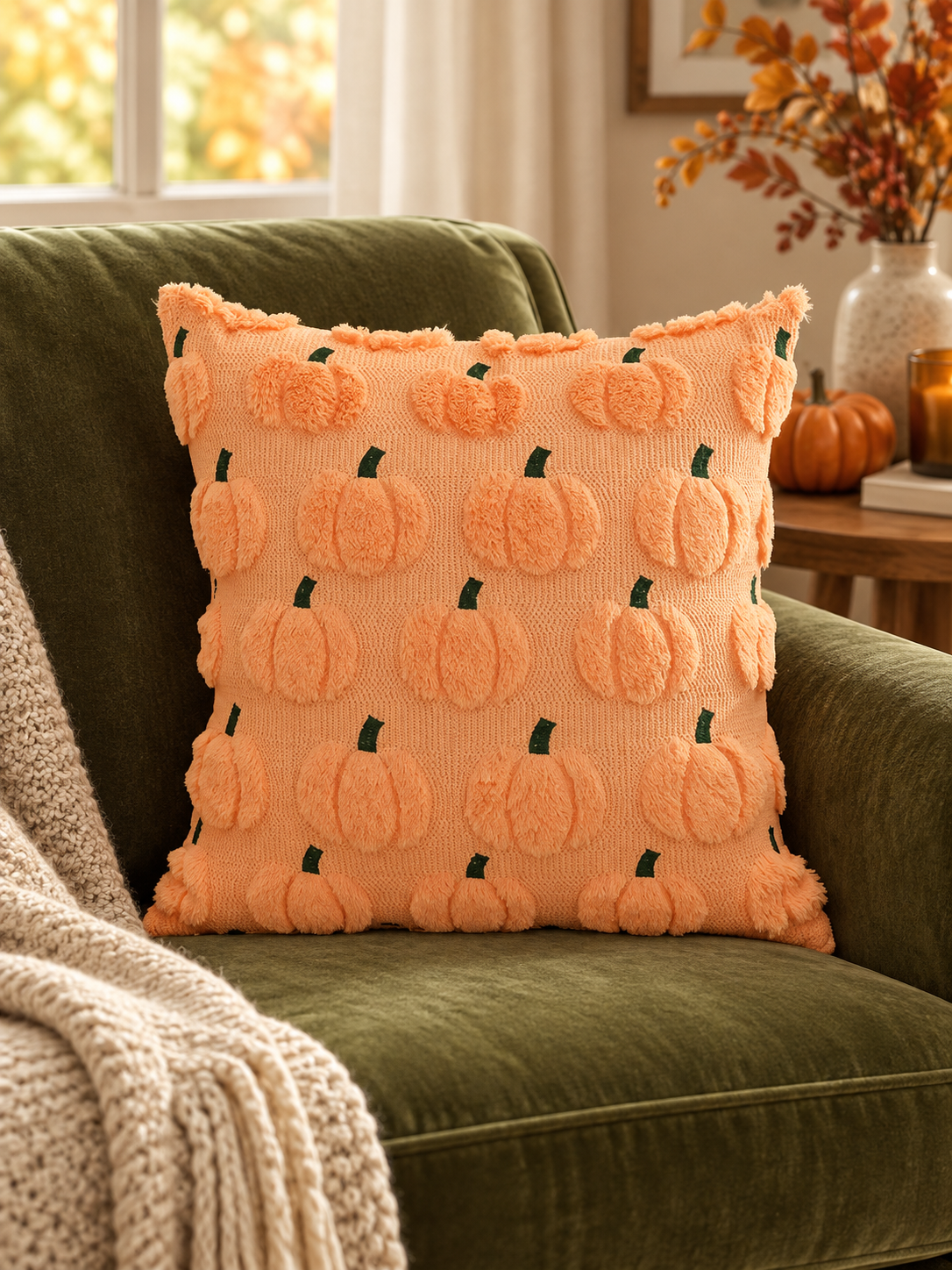 Peach pumpkin motif throw pillow on an olive velvet chair in an autumn living room