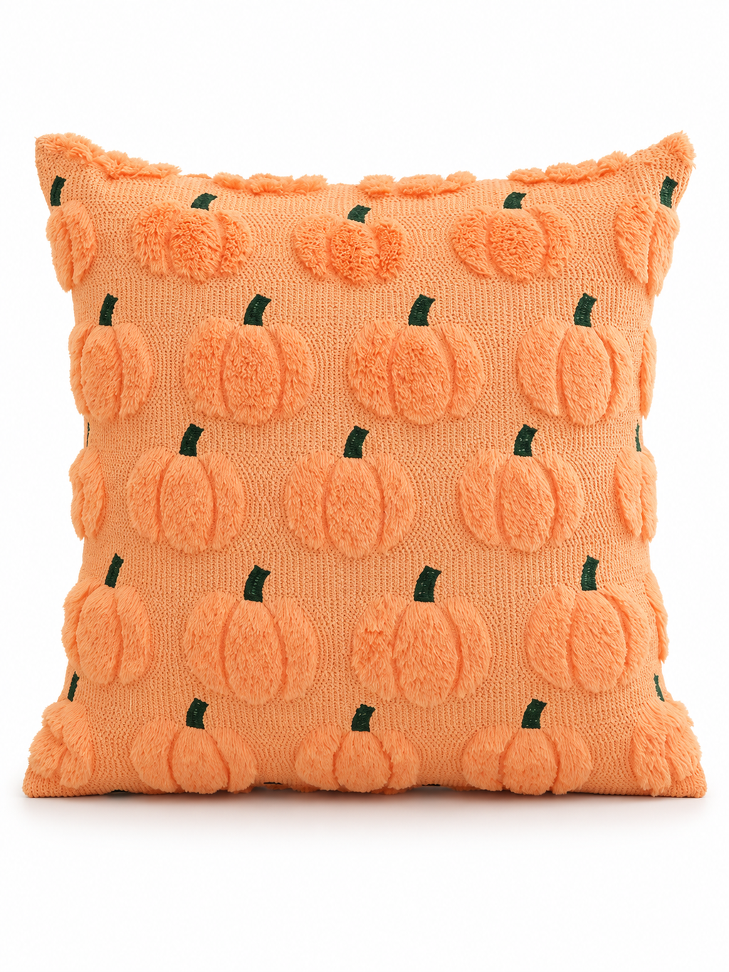 Peach orange pumpkin motif Halloween throw pillow on a seamless white background