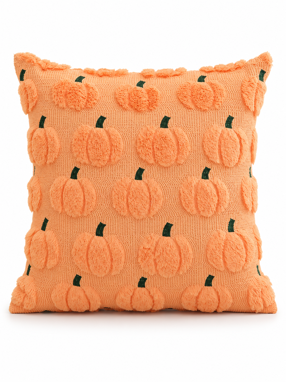 Peach orange pumpkin motif Halloween throw pillow on a seamless white background