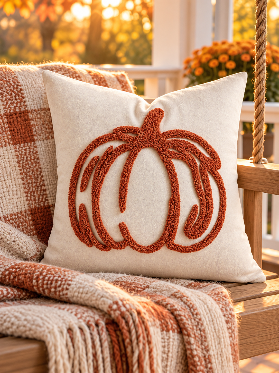 Ivory pumpkin outline cushion on an autumn porch swing
