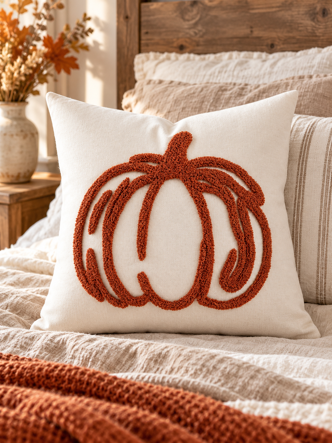 Ivory pumpkin outline cushion in a farmhouse bedroom