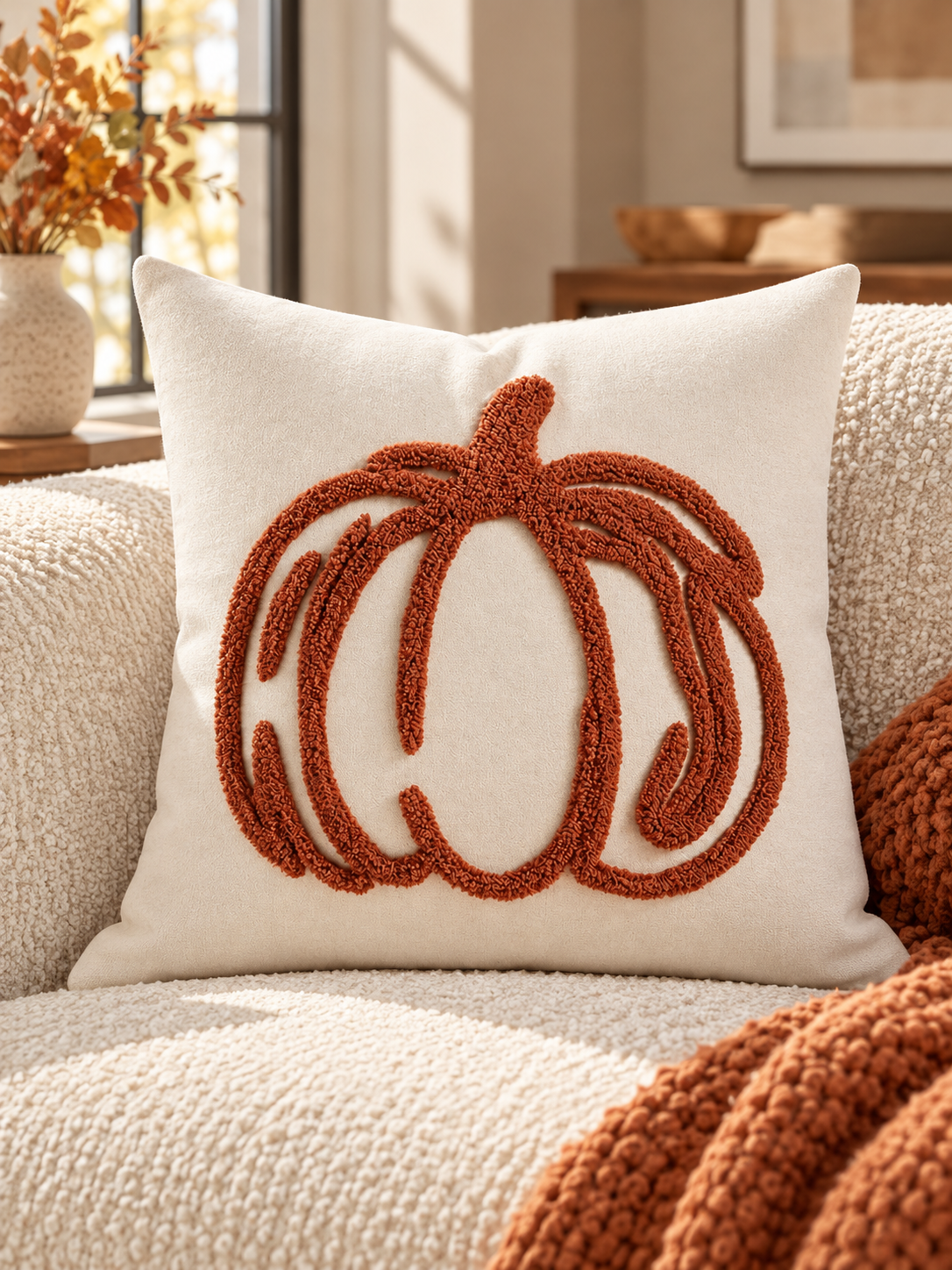 Ivory pumpkin outline cushion on a cream living room sofa