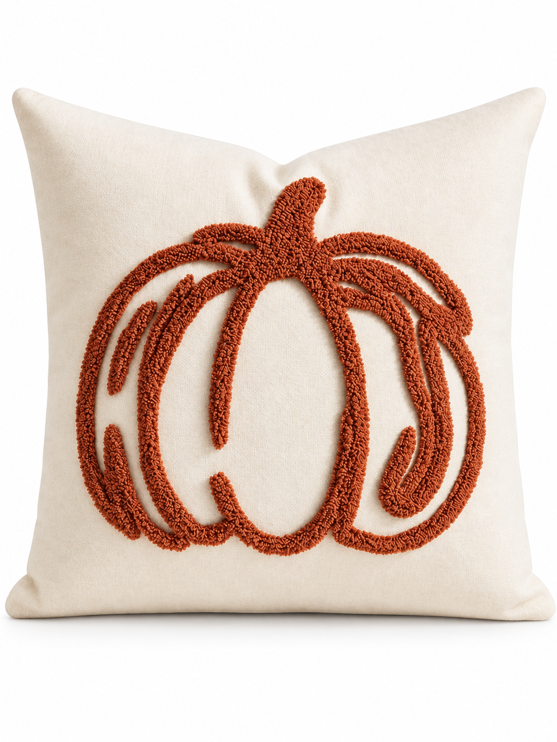 Ivory cushion with terracotta tufted pumpkin outline on a white background