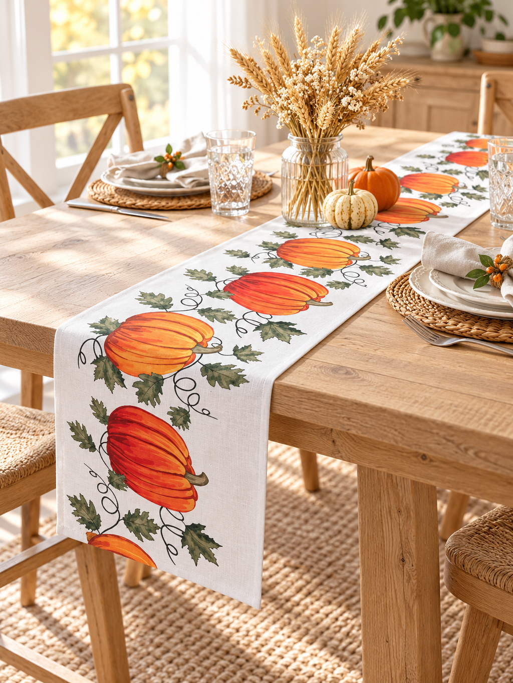 Orange pumpkin patch table runner styled for an autumn farmhouse brunch