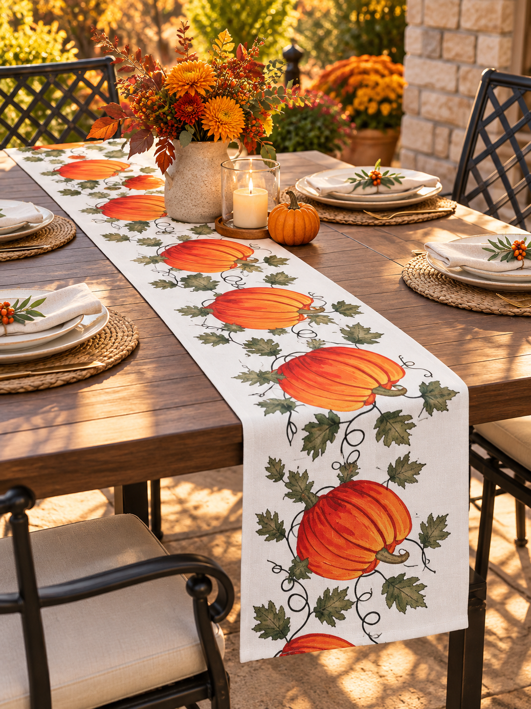 Orange pumpkin patch table runner on a covered outdoor autumn patio table
