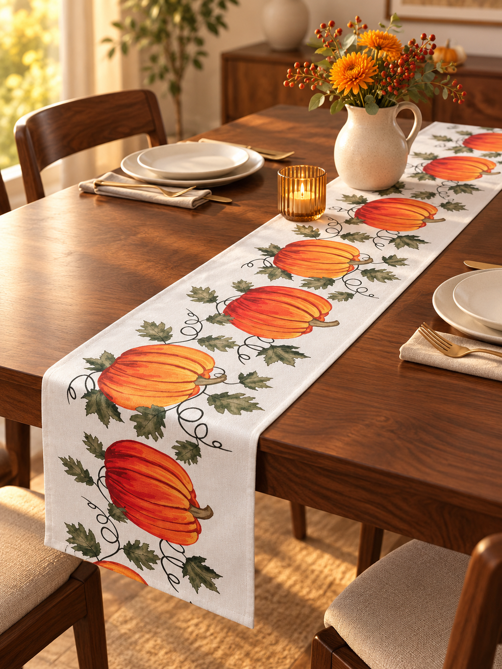 Orange pumpkin patch table runner styled on a dark walnut dining table