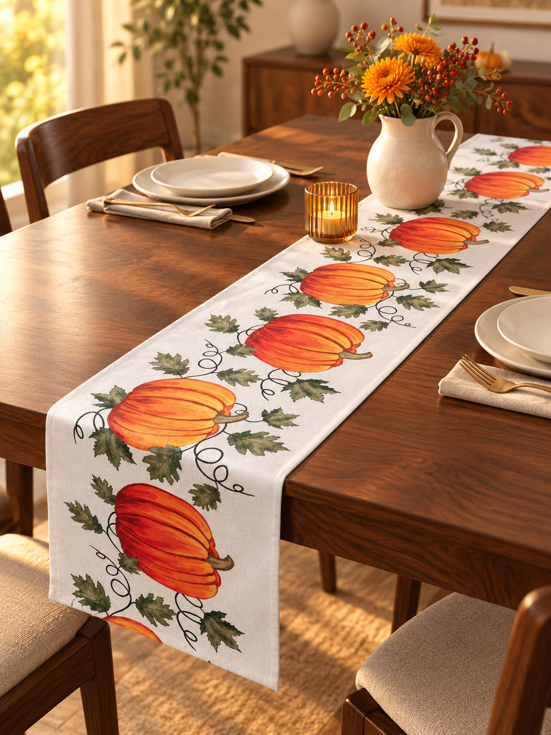 Orange pumpkin patch table runner styled on a dark walnut dining table